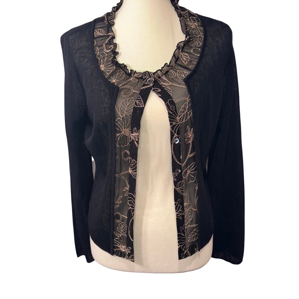Silk & Italian Yarn Dark‎ Coquette Embroidered Old Money Cardigan Talbots M